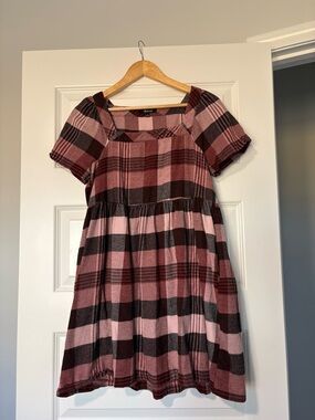 Madewell Plaid Square-Neck Pink and Black Short Sleeve Dress Size S